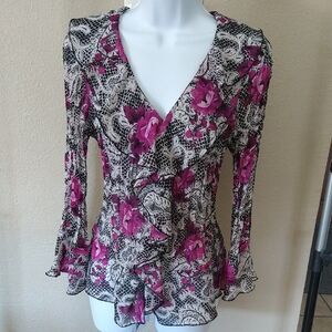 NWOT Sunny Taylor Magenta Floral Blouse with White & Black Lace Print
